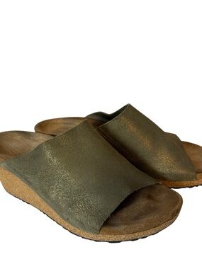Papillio Metallic Green Leather wedge heels sandals narrow width Size US 11